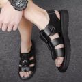 Summer Men's Sandals Leather Roman Sandals Korean Version British Leather Sandals Sandals Summer Casual Shoes Black Brown.