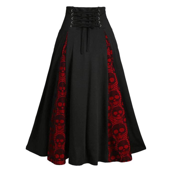 Women Plus Size Lace Patchwork High Waist Midi Skirt Gothic Pleated Skirt