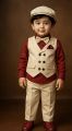 Elegant Party/ Eid / Puja / Birthday & Wedding Dress – 5-Piece Baby Boy Formal Suit Set (Maroon, Black, White Shirt) with Full Pant, Vest, Cap, & Bow Tie – Age 3-4 Years. 