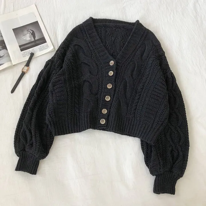 M144%20Cardigan%20Short%20Top%20Women's%20Korean-Style%20Retro%20V%20Collar%20Net%20Red%20Sweater%20Loose%20French%20Lazy%20Style%20Sweater%20-%20Image%209