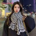 Women Black White Scarf Stylish Black White Plaid Print Scarf with Tassel Trim Warm Shawl for Women Versatile Long Scarf Wrap.