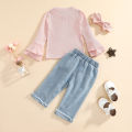 (New) 3PCs girls autumn tracksuit, flocked-sleeve pullovers beaded ripped jeans headband for kids, 1-5years. 