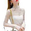 Elegant Lace T-shirt For Women Mesh Long Sleeve Tops Hot Transparent High Neck Black Lace Bottoming Shirts Punk Tee Tops. 