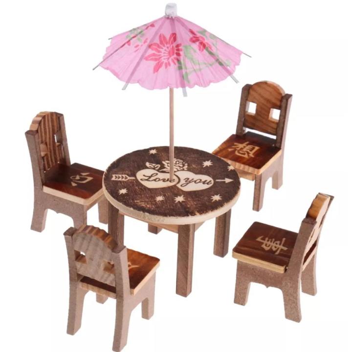 HarnezZ Wooden Mini Table Chair Set Toys Pretend Role Play Game Play House Kitchen Accessories Toy Set of 5 pcs