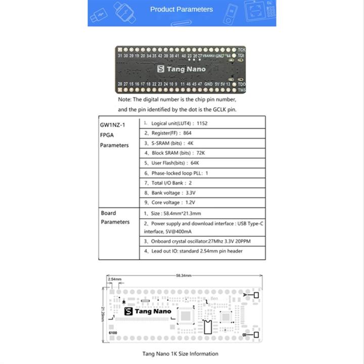 1Pcs Tang Nano Minimalist FPGA Development Board Straight Insert Breadboard Accessory
