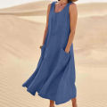 Women Sleeveless Sundress Elegant Round Neck Solid Long Tank Dress Vintage Pockets Beach vestidos.