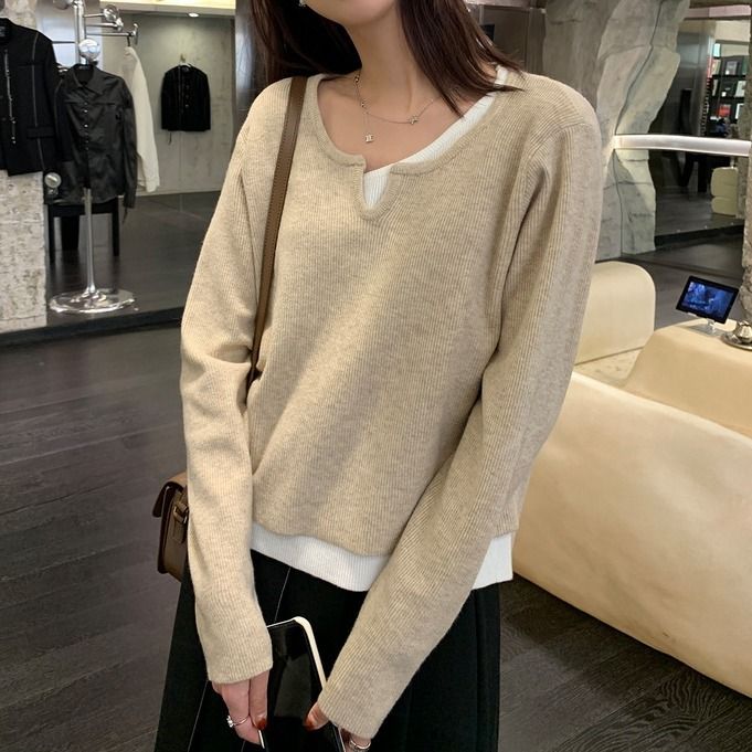 Fake Two-Piece Knitted Sweaters Sweater Women's Spring Autumn and Winter Undershirt French off-Shoulder Chic as Soft Glutinous Inner Wear Blouse