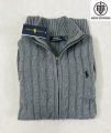 Ralph Lauren Cable-Knit Cotton Full Zipper Sweater – Grey. 