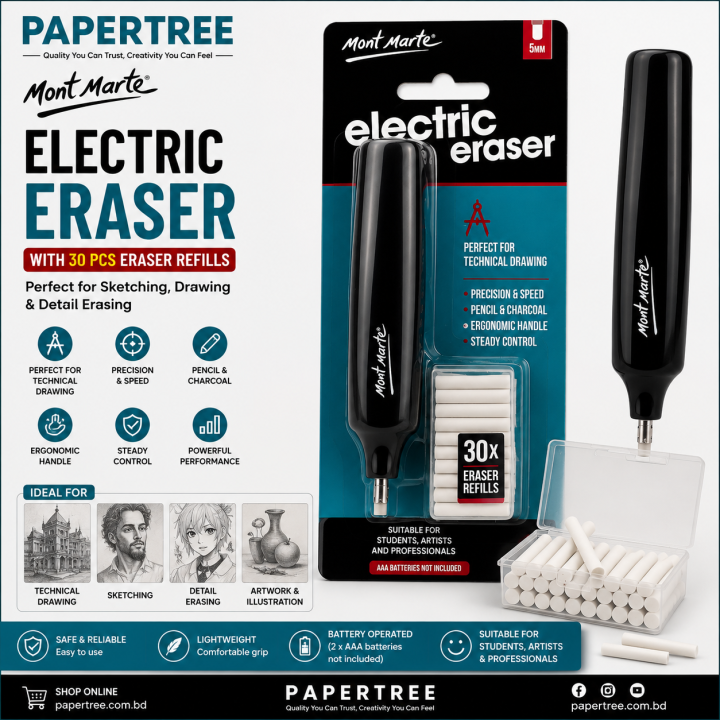Mont Marte Electric Eraser with 30 Pcs Eraser Refills for Sketching Drawing & Detail Erasing