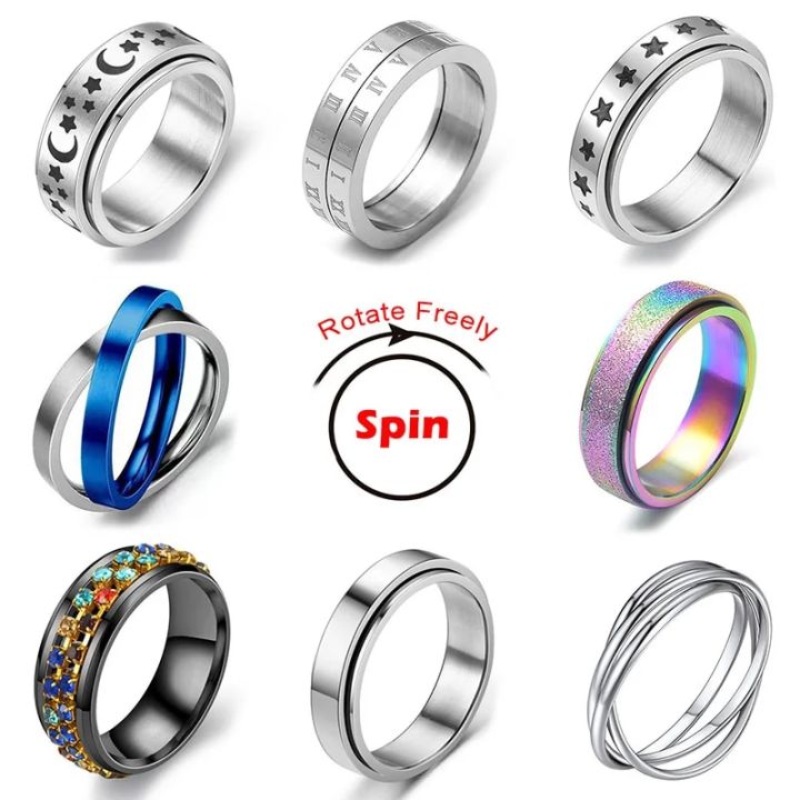 Rotate Freely Spinning Stainless Steel Anxiety Ring For Women Moon Star ...