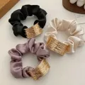 Elegant Metal Flower Hair Rope Ring Elastic Hair Tie For Women Girl Satin Solid Color Rubber Scrunchies Summer Ponytail Holder. 
