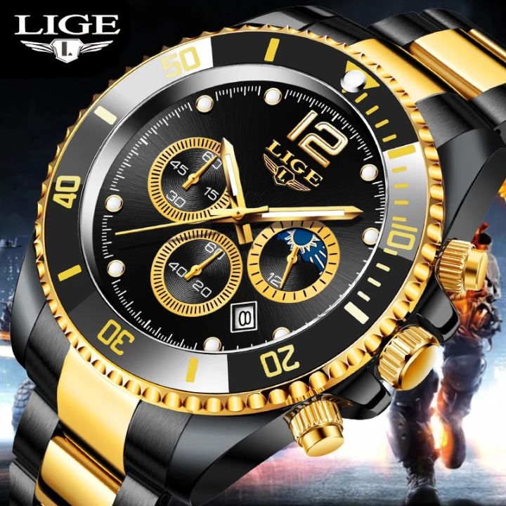 LIGE Watches Mens Top Brand Luxury Clock Casual Stainless Steel 24Hour Moon Phase Men Watch Sport Waterproof Quartz Chronograph 8924