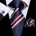 【100%-New】 Hi-Tie Striped Black Red Mens Fashion Necktie Handkerchief Cufflinks for Tuxedo Accessory Classic Silk Luxury Tie for Man Gift. 