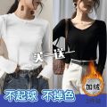 Autumn and Winter 2020 New Solid Color Long Sleeve T Women's Black round Neck Slim Bottoming Shirt Fleece-lined Thickened Inner Wear Top.
