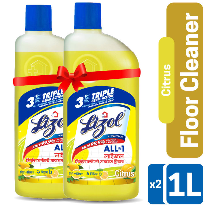 Lizol Disinfectant Floor & Surface Cleaner Citrus 2x1L Double Pack, Kills 99.9% Germs