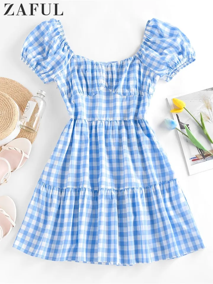 ZAFUL Women Christmas Dress Gingham Puff Sleeve Tiered Dress