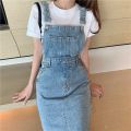 Button Dress Women Denim New Fashion Suspender Sleeveless Pockets Korean Medium-Length Solid Color A Line Denim Dress 987J.