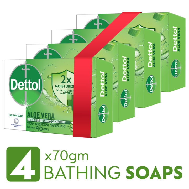 Dettol Soap Aloe Vera Quad Pack (70gm X 4), Bathing Bar Soaps with Aloe Vera Extract