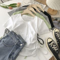 2023 Summer Design Sense Niche Hot Girl Shoulder Short Sleeve New Korean Style Top T T-shirt Slimming round Neck Yoga Clothes.