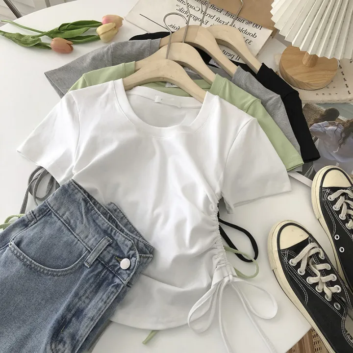 2023%20Summer%20Design%20Sense%20Niche%20Hot%20Girl%20Shoulder%20Short%20Sleeve%20New%20Korean%20Style%20Top%20T%20T-shirt%20Slimming%20round%20Neck%20Yoga%20Clothes%20-%20Image%202