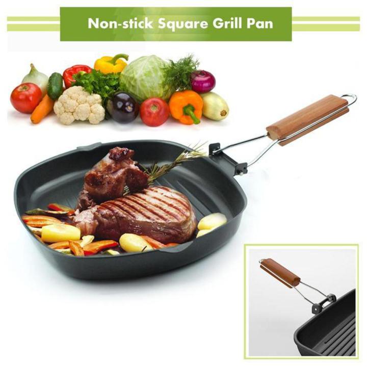 Steak Frying Pan Cast Iron Steak Grill Pans Non-Stick Frying Pan Wooden Handle