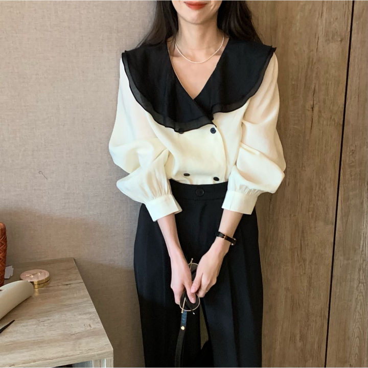 Korean%20Style%20Contrast%20Color%20Double%20Doll%20Collar%20Shirt%20Women's%20Spring%20New%20Pleated%20Chiffon%20Shirt%20Top%20-%20Image%206