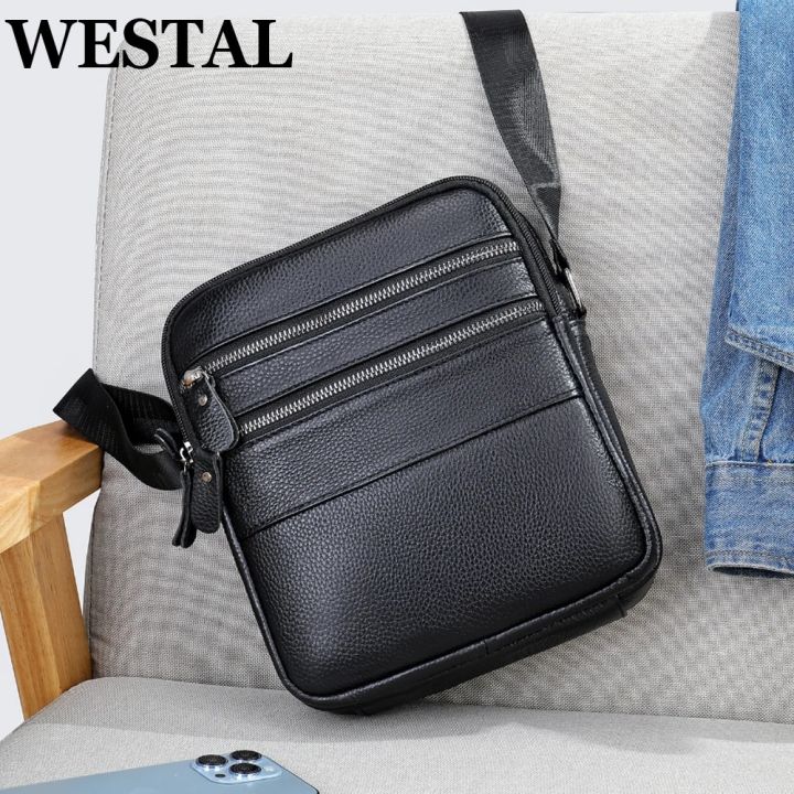 WESTAL Men's Leather Shoulder Bag Husband Gift Fashion Black