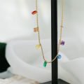 Symphony girl heart blue diamond rainbow water drop zircon seven-color necklace ins fashion titanium steel gold-plated clavicle chain.