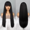 Long Black Wig with Bangs Straight Black Wigs for Women Cosplay Long Synthetic Black Wig Natural Looking for Daily Wear.