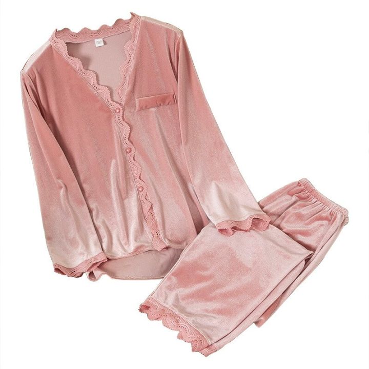 Velvet%20Pajamas%20Women%20Autumn%20Winter%20Sleepwear%20Long%20Sleeve%20Casual%20Nightwear%20Pyjamas%20Suit%20Loose%20Home%20Clothes%20Lace%20Trim%20Sleep%20Set%20-%20Image%205