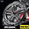 Rotation Wheel Watch for Man Spinning Rim Hub Quartz Wristwatch Luxury Full Black Stainless Steel Reloj  Male Rotating Skeleton Dial Clock. 