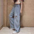 IENENS High Waist Jeans Girl Straight Loose Wide-leg Pants Spring and Autumn Korean Baggy Jeans Fashion Kids Denim Trousers. 