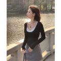 Pure Style Summer IrregularuCollar Slim Fit Slimming Long SleevesTT-shirt+Hot Girl BagaWord Pantskirt Suit for Women. 