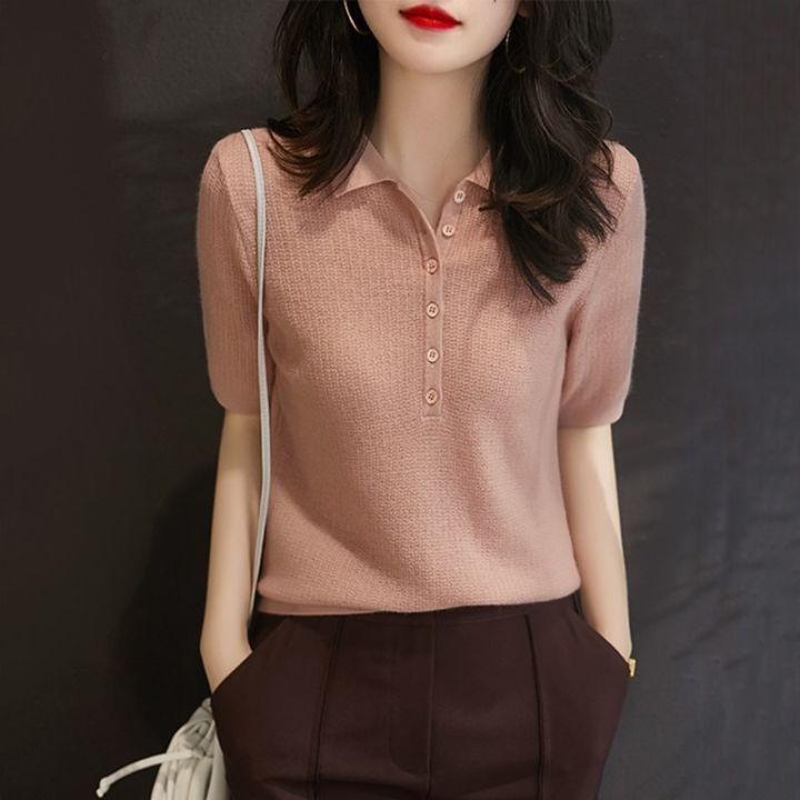 Juzui%20Women's%20Clothing2023Summer%20Mulberry%20SilkPoloShirt%20Thin%20Loose%20Ice%20Silk%20Sweater%20All-Match%20Short%20SleeveTT-shirt%20-%20Image%203