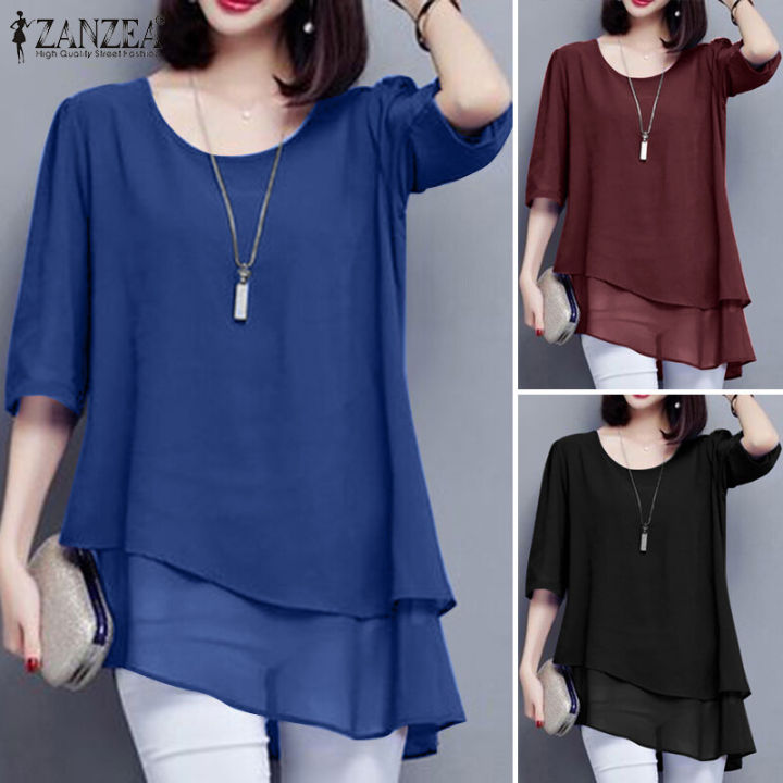 ZANZEA%20Women%20Summer%203/4%20Sleeve%20Plain%20Layered%20Asymmetric%20Hem%20O%20Neck%20Loose%20Tops%20Blouse%20#11%20-%20Image%204