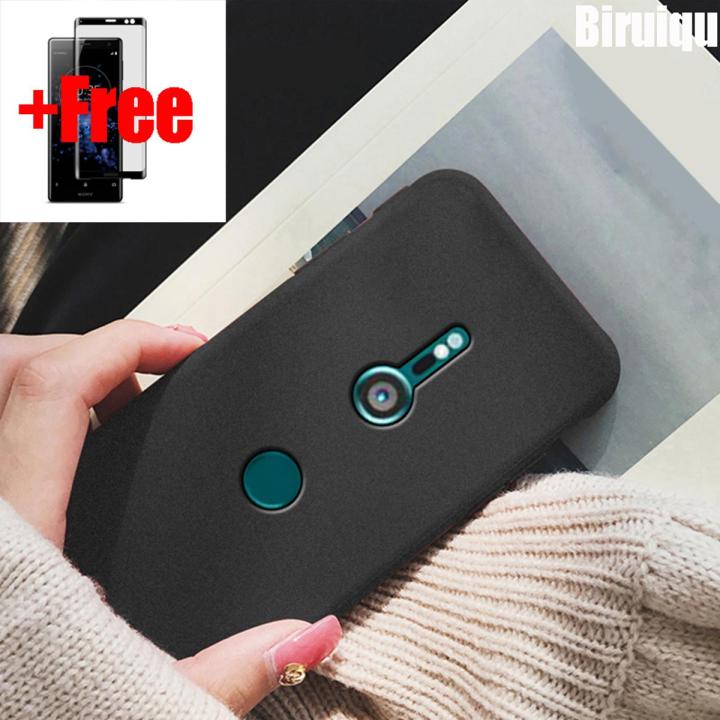 (Free Tempered Glass)Biruiqu For Sony Xperia XZ3 Shockproof Anti Slip Soft TPU Sandstone Matte Back Case Cover