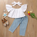Summer girls' suit, children's one-shouldered white top, ripped jeans suit, fashion trendy girls' wear. 