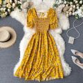 Boho slim vintage floral print Summer midi long Dress square collar chiffon dress Party Women elastic beach holiday tunic Dress. 