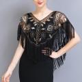 Women 1920s Sequined Shawl with Tassels Beaded Pearl Fringe Solid Color Sheer Mesh Wraps Gatsby Flapper Bolero Cape Cover Up. 