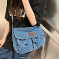 New trendy vintage Hong Kong style INS large capacity denim cross-body shoulder bag Simple versatile canvas tote bag.