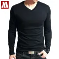 Spring High-elastic Cotton T-shirts Male V Neck  T Shirt Men's Long Sleeve Fitness Tshirt Asia size S-5XL. 