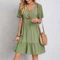 Summer Womens Short Sleeve Mini Dress Ladies Pleated Ruffle Solid Dresses Casual V Neck Vintage Loose Vestidos. 