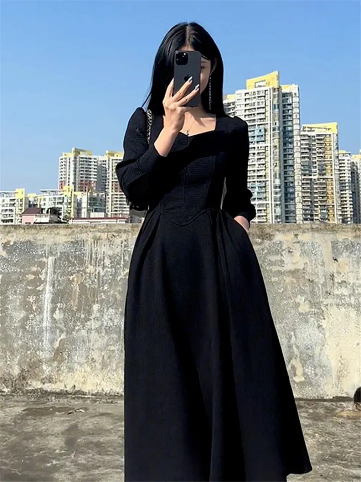 Black Maxi Dresses For Women Elegant French Square Neck Long Dress Korean  Fashion Autumn 2023 Party Casual Vintage Vestidos | Daraz.com.bd