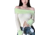 2023 Autumn and Winter New Stitching off-Shoulder Long Sleeve Split Sweater Sweater Top Sweet Women's Clothing. 