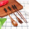 Wooden Tableware Set - Handmade, 4-Piece Dinnerware with Spoon, Chopsticks, Fork for Home Dining, Rice & Soup. 