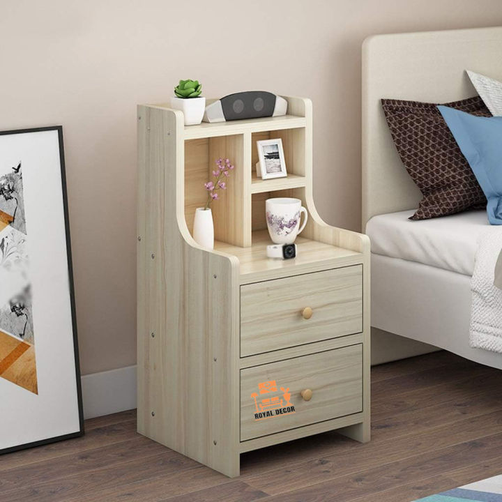 Royal Decor M13 2-Drawers Bedside Storage Cabinet with multiple shelves Bedside Table, Nightstand for Bedroom or Simple Storage Cabinet- Albino Finish