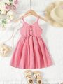 Kids Girls Fashionable Sleeveless Dress Simple Style with Buttons Tank Top Dress Children’s Clothes.