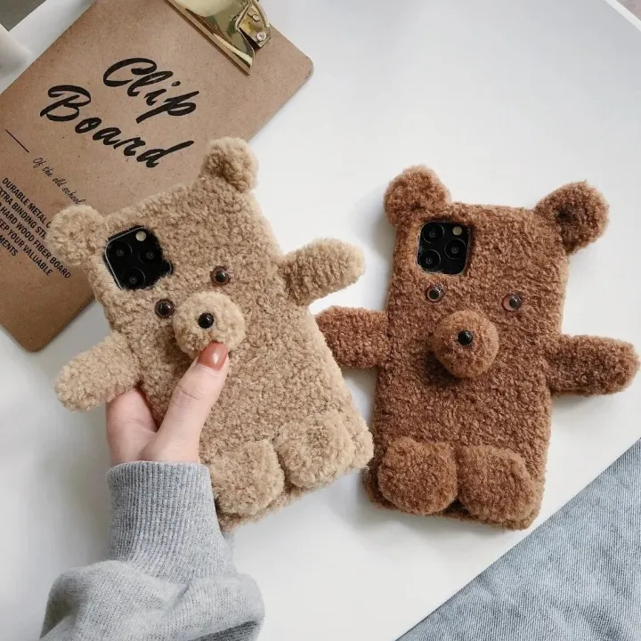 Soft Plush Phone Case For iPhone 11 12 13 14 Pro XR X Xs Max mini 7 8 6 6s Plus MAX 5 5S SE 3D Teddy bear Fur Back Cover