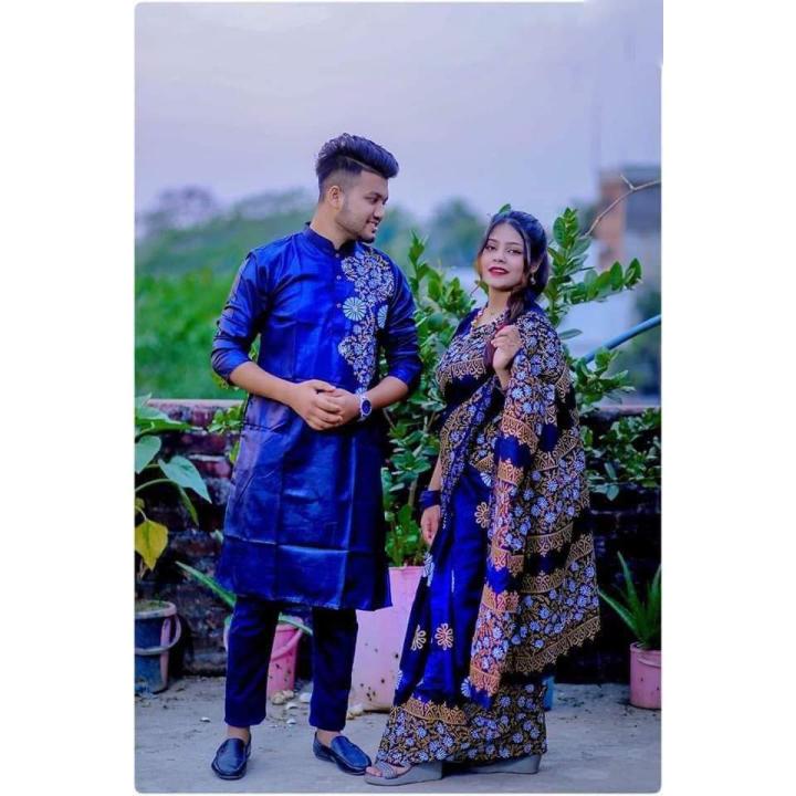 Stylish & Fashionable New Matching Best/Coupple Dress/For Men & Women / Saree & Panjabi/ (Combo Set)), - কাপল ড্রেস শাড়ি
