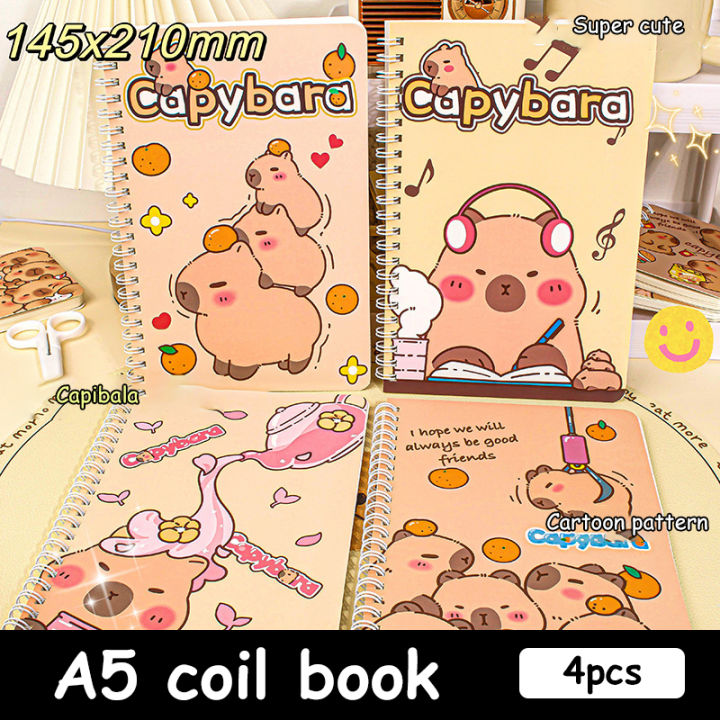 4Pcs Cartoon Lovely Capybara Coil Notebook Portable Kawaii Student Diary Notepad School Office Supplies Friend Birthday Gifts